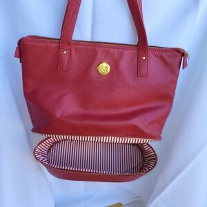 Joy Mangano Cherry Red Leather Tote w/Lower Zippered Storage With Matching Bag